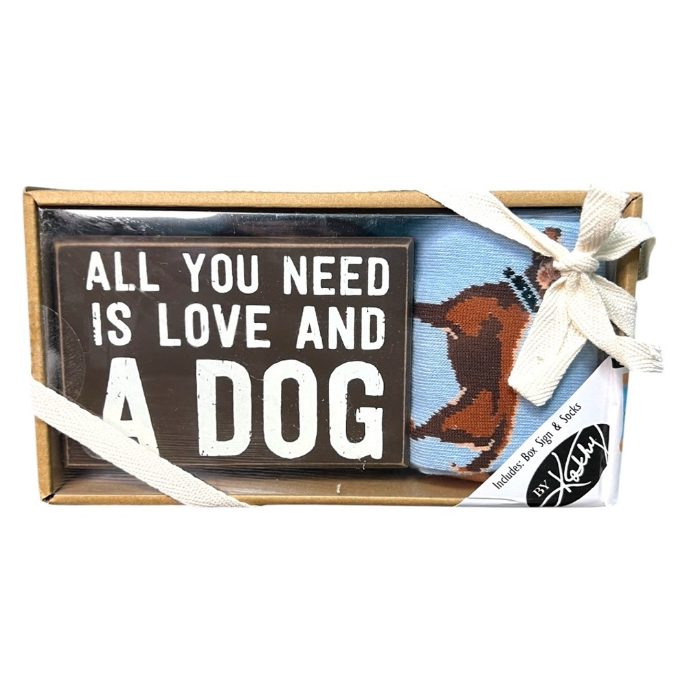 Primitives By Kathy Box Sign & Sock Set All You Need Is Love and A Dog